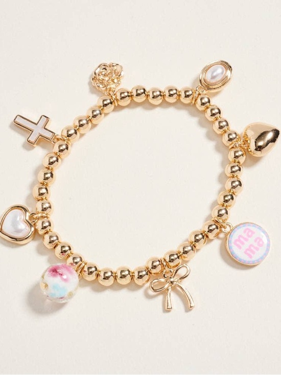 Jewelry - Gold Beaded Charm Bracelet with Hearts, Cross & Bow